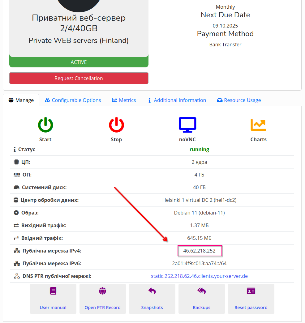 Where to find the server IP: “Public Network IPv4” on the iHostmi service page