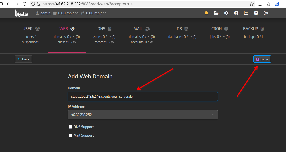 Enter your domain into the Domain field and Save