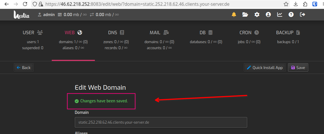 Changes have been saved — certificate is being issued