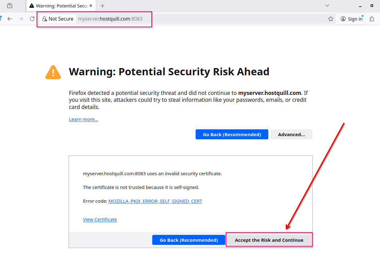 Зайдіть у Hestia за доменом: https://myserver.hostquill.com:8083 — тимчасово прийміть попередження (самопідписаний сертифікат).