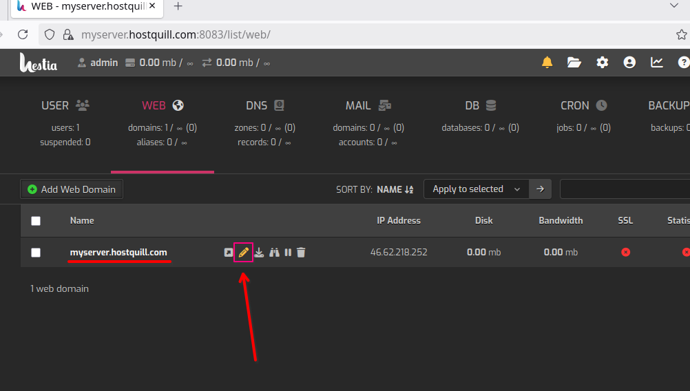 Відкрийте редагування домену (іконка олівця).