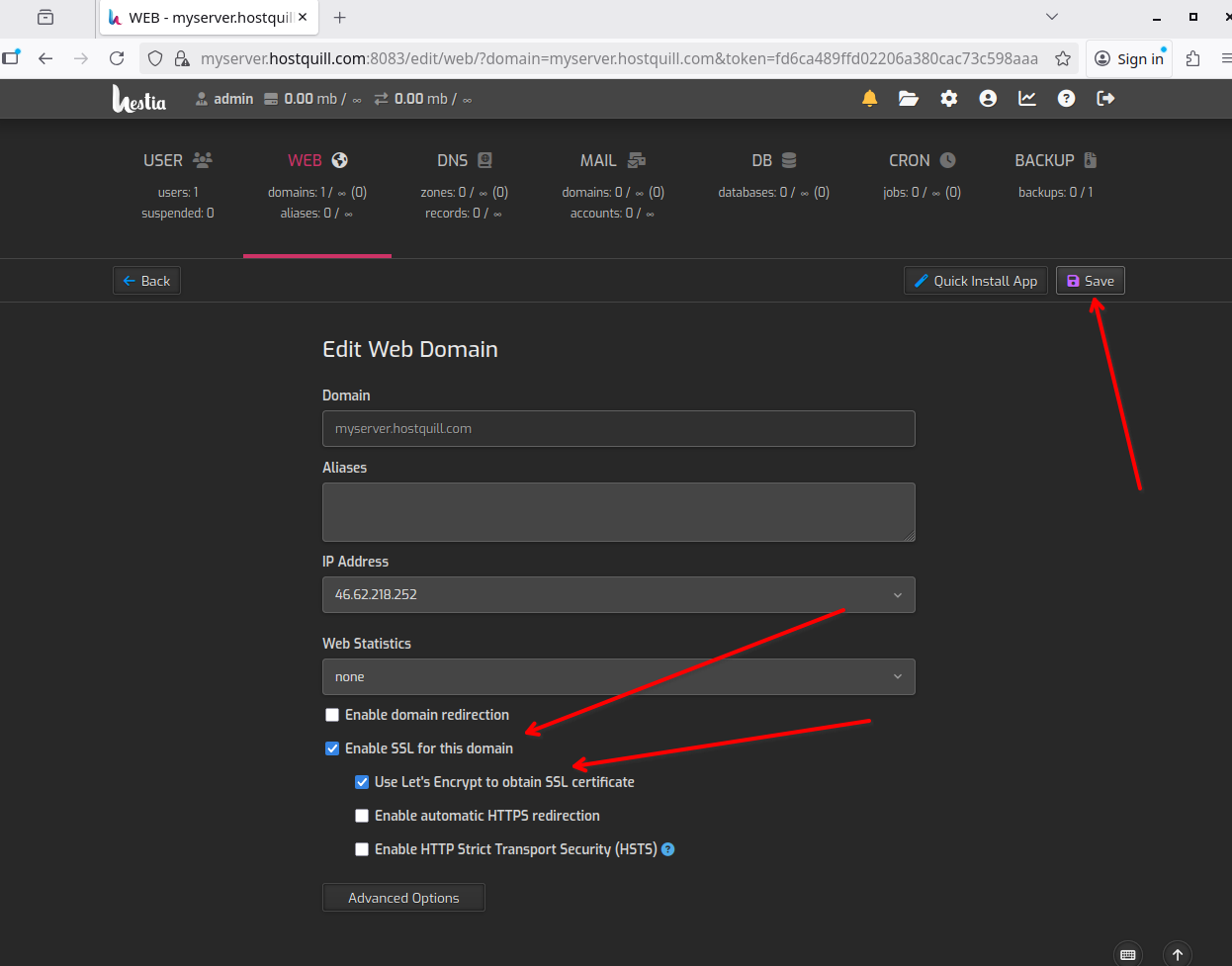 Увімкніть «Enable SSL…» та «Use Let’s Encrypt…» → Save.