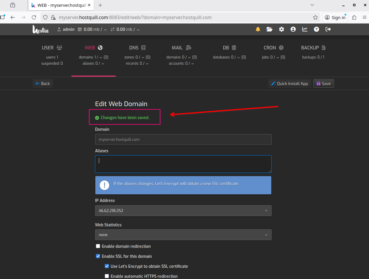 Повідомлення «Changes have been saved» — сертифікат випускається.