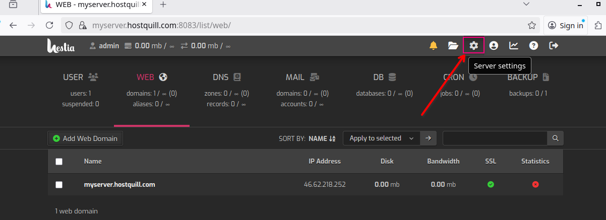 Перейдіть у налаштування сервера (шестерня), задайте домен у полі Hostname і перезавантажте.