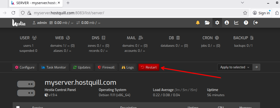 Кнопка Restart у Hestia — перезавантаження сервера.