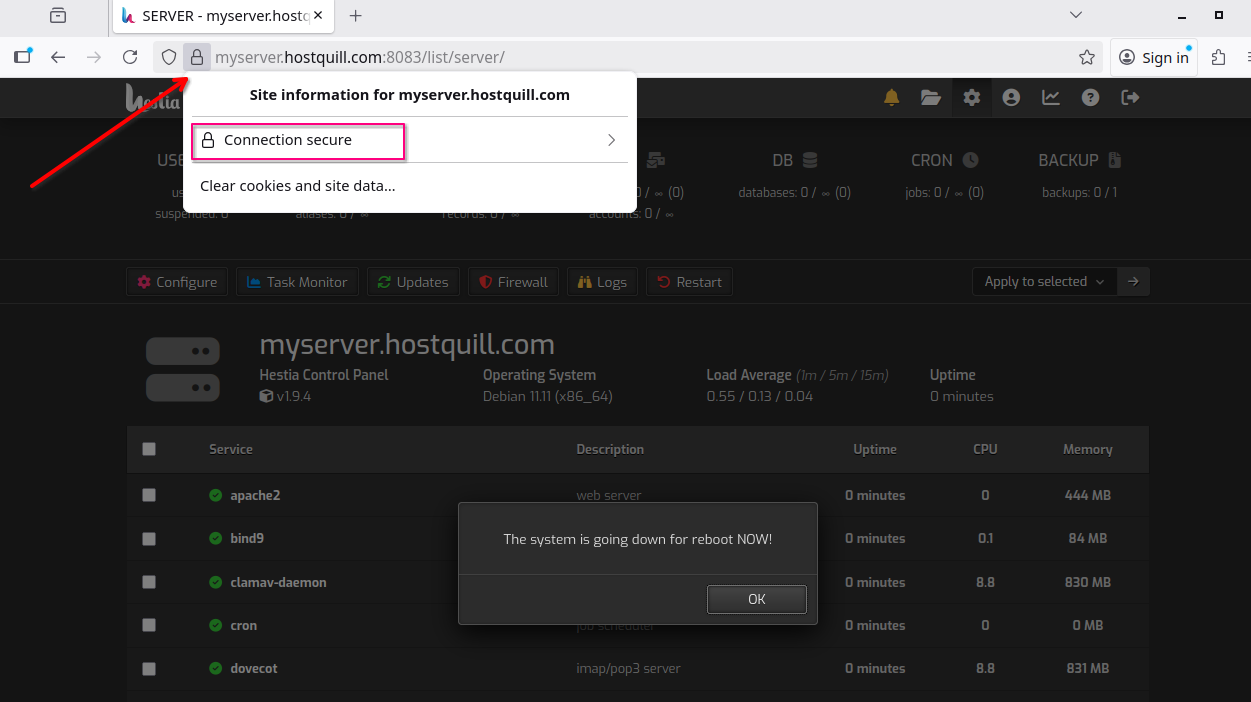 Перевірка: «Connection secure» — валідний SSL після перезавантаження.