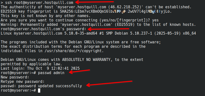 SSH-вхід і зміна пароля linux‑користувача admin: passwd admin.