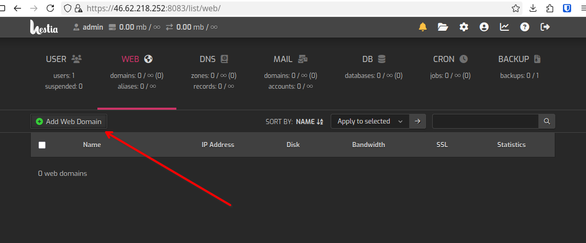 Hestia WEB → Add Web Domain